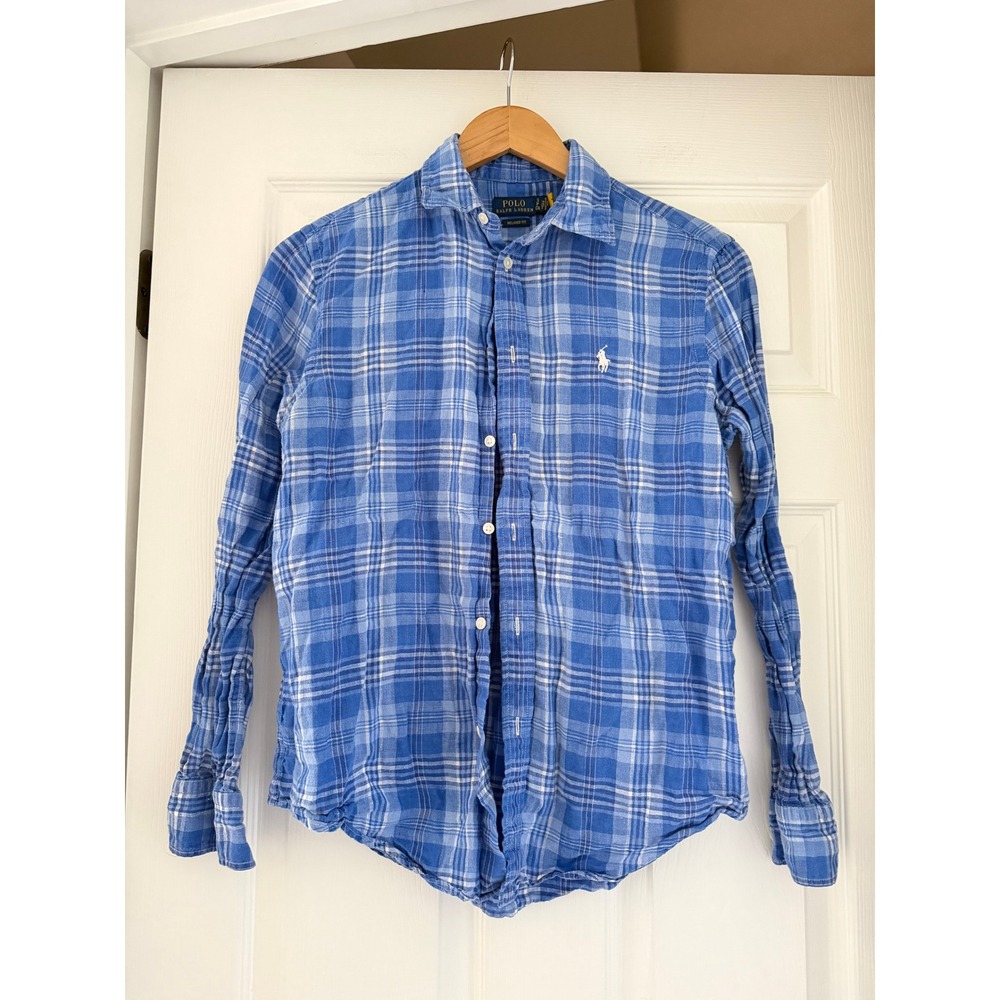 Ralph Lauren Womens Linen Plaid Button Down Shirt Preppy Casual relaxed fit